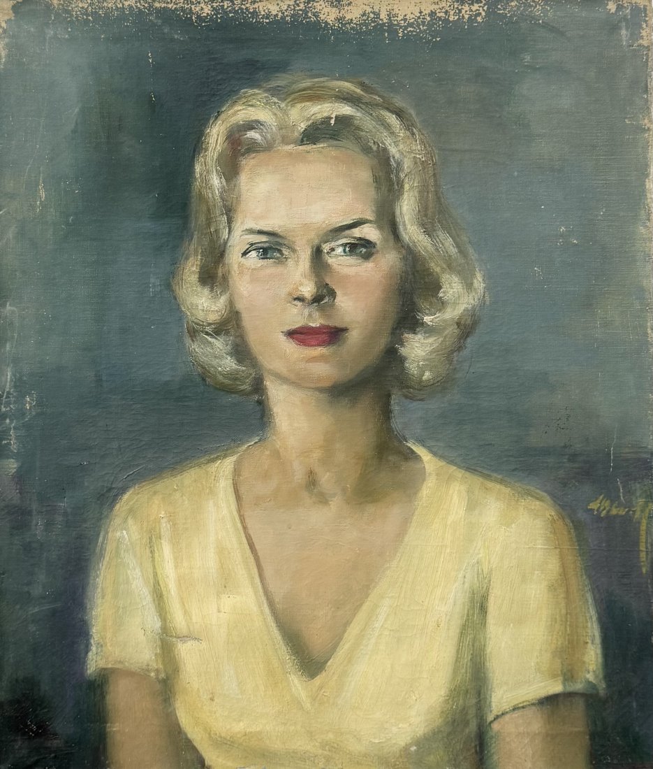 Mid-Century American School Portrait Of A Young Woman, Signed: Artist unknown. Oil on canvas 25.5 x 21.5 in