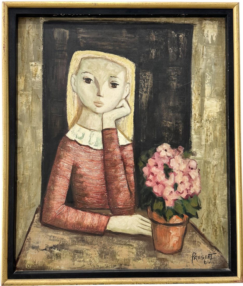 Mid-Century American School Cubist Portrait Of A Young Girl With Flowers, Signed (1 of 3)