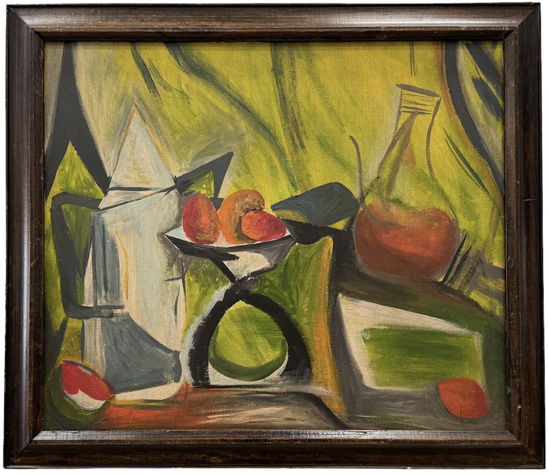 Mid-Century American School Cubist Still Life, Unsigned: Oil on canvas 28 x 24 in, 32 x 28 in (framed)