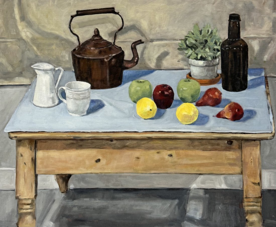 American School Kitchen Still Life Painting Of Fruit, Bottles, Teapot, Creamer: Oil on board 24 x 20 in