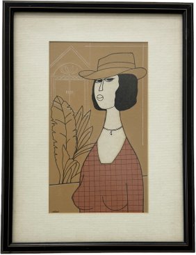 Modernist Mixed Media Portrait Of A Woman With A Hat Signed Lofton