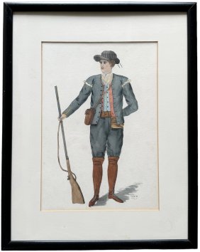 Colonial Watercolor Of A Soldier Signed With A Monogram