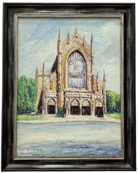 Vintage Cuban Impressionist Painting Of A Cathedral, Signed