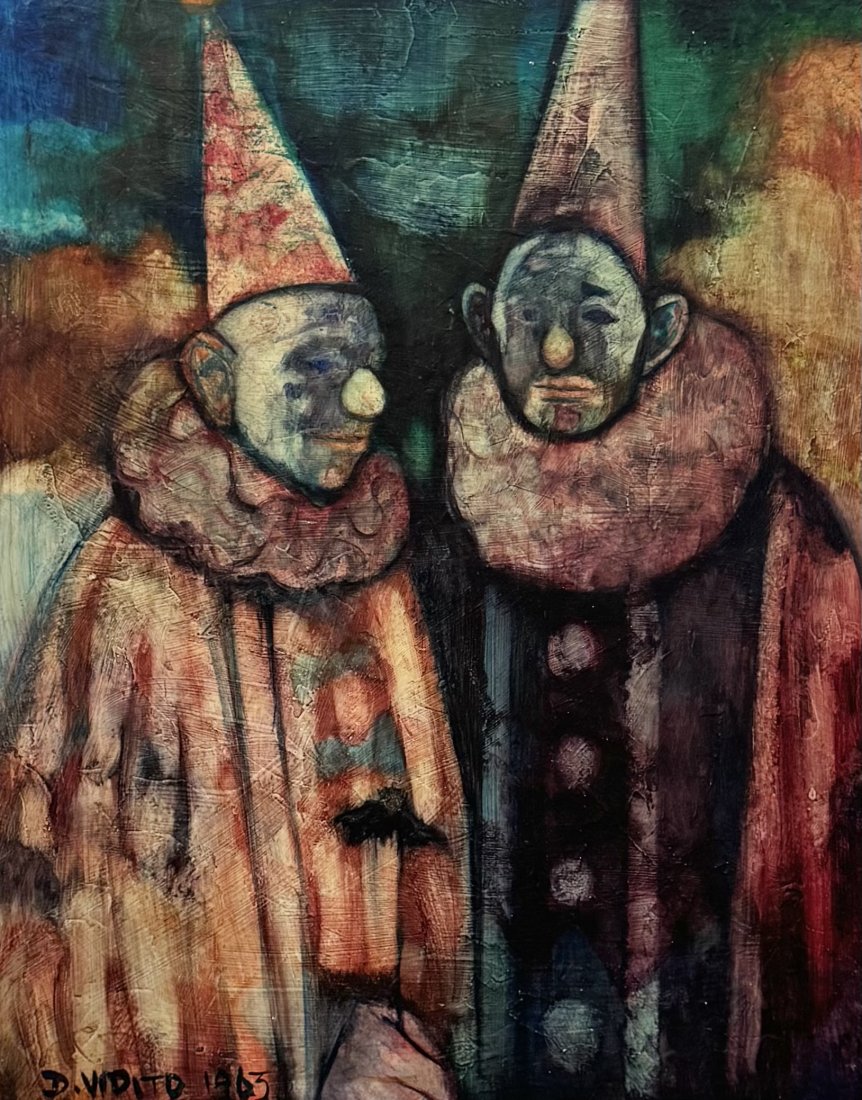 DIANE VEDITO (20th c, American) Mid-Century Modern Clowns 1963: Oil on masonite 30 x 24 in