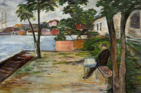 French School Impressionist Riverside Landscape