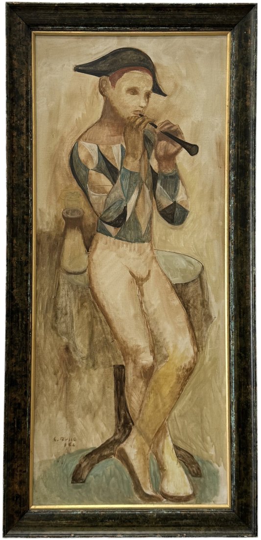 ENZO RUSSO (b. 1936, Italy) Jester, Mid-Century: Oil on canvas 48 x 20 in, 53.5 x 25.5 in (framed)
