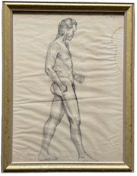 Vintage American School Graphite Drawing Of A Nude Male Study Signed Kaplan
