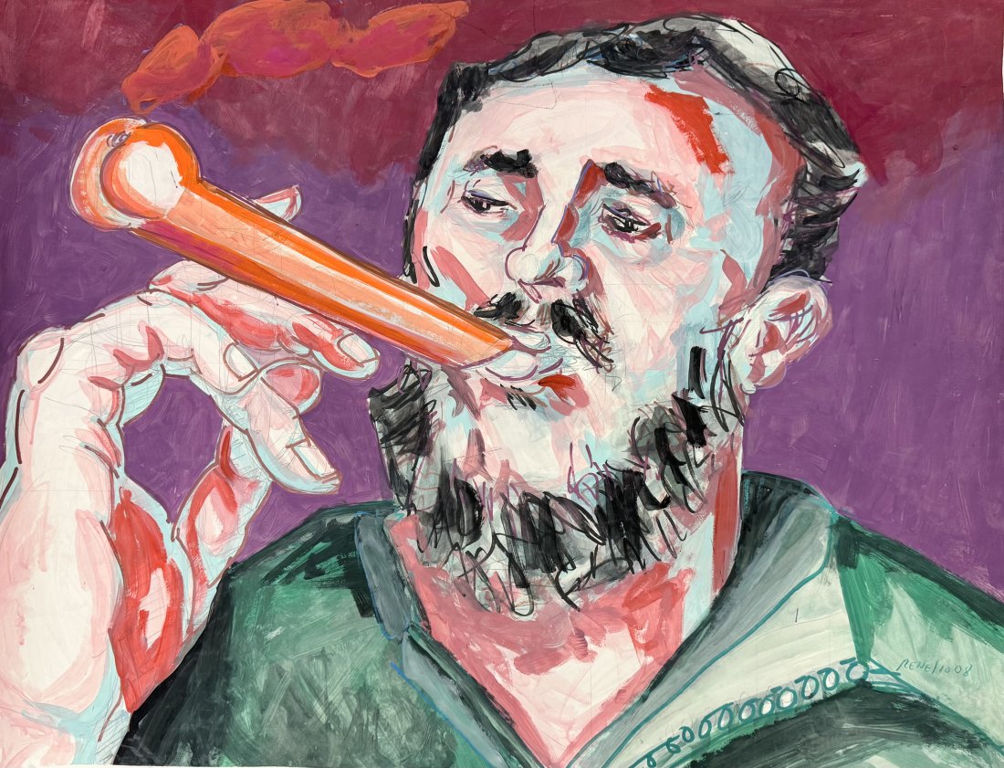 Contemporary Cuban Surrealism FIDEL, Signed: Mixed media on paper 46 x 36 in