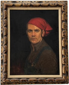 CLEVE MILLER (20th c, American) Handsome Man Portrait "Man In A Red Scarf", Exhibited