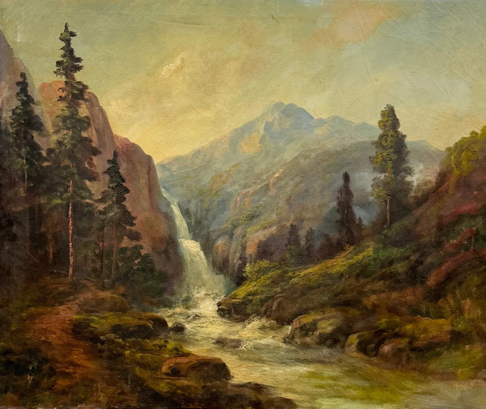 RUDOLPH EICHER (1884-1958) Hudson River School Landscape Painting: Oil on board 36 x 30 in (unframed)