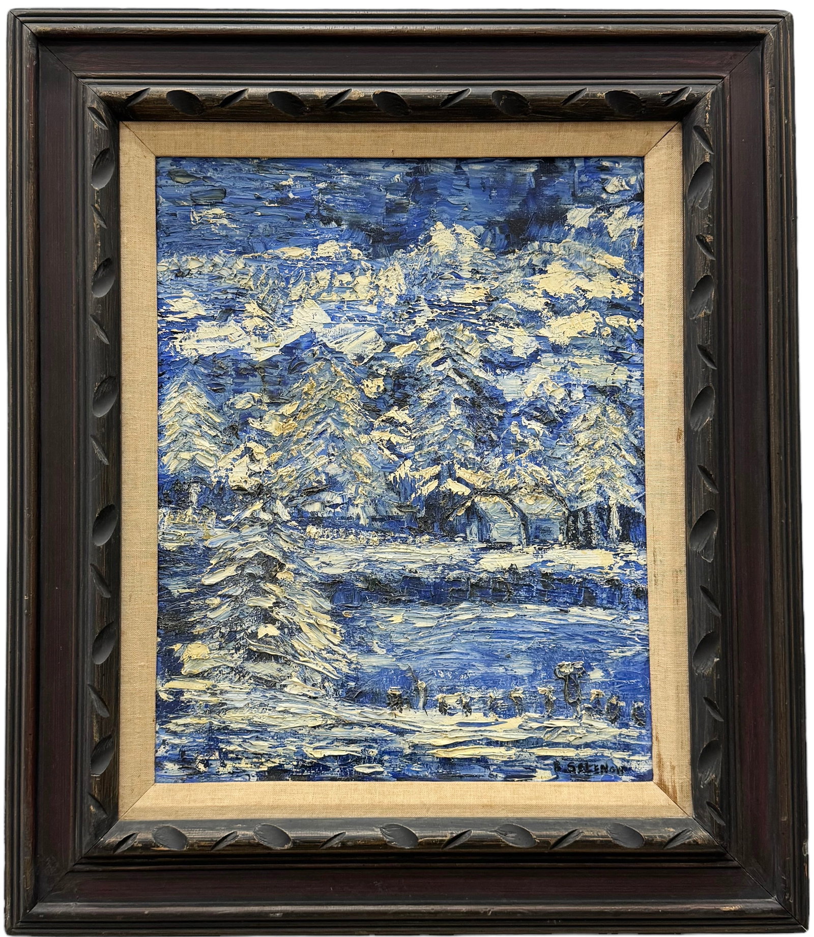 Southwestern Native American Winter Landscape, Signed: Oil on canvas 20 x 16 in, 28.5 x 24.5 in (framed)