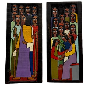 Brazilian Folk Art Pair Of Wood Relief Plaques Signed Andrade