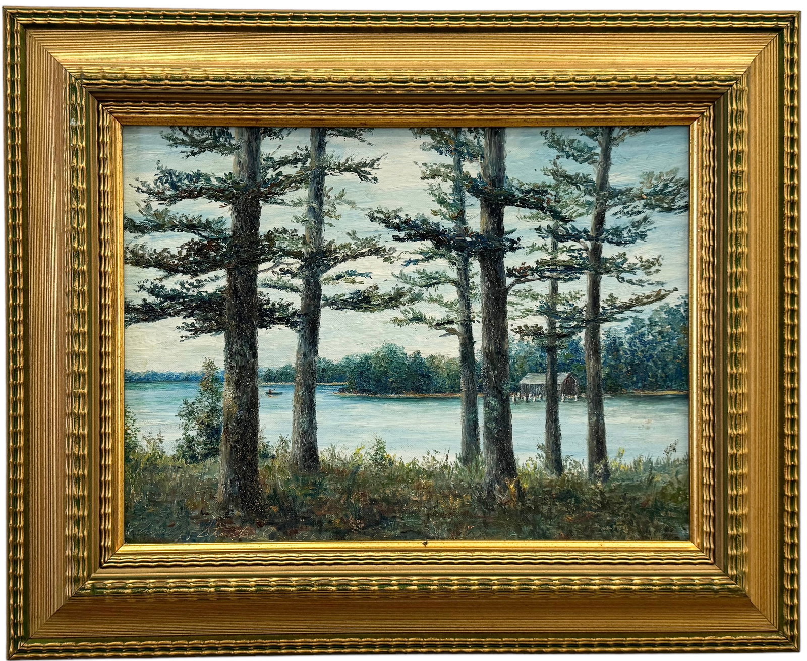 PHOEBLE STACKEL (20th c, American) Lake Landscape: Oil on board 22 x 18 in (framed)