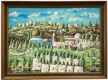 Israeli School Landscape Golden Dome Jerusalem, Signed In Hebrew