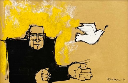 1970s French School Modernist Mixed Media Man w/ Dove Signed Boileau