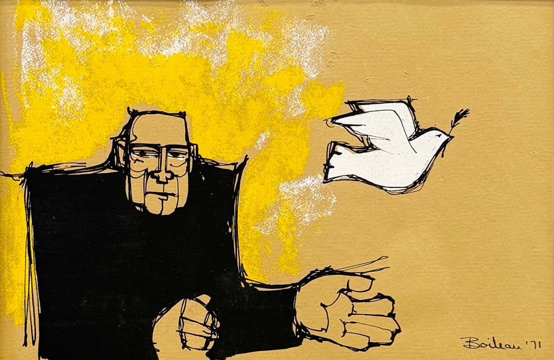 1970s French School Modernist Mixed Media Man w/ Dove Signed Boileau (1 of 4)