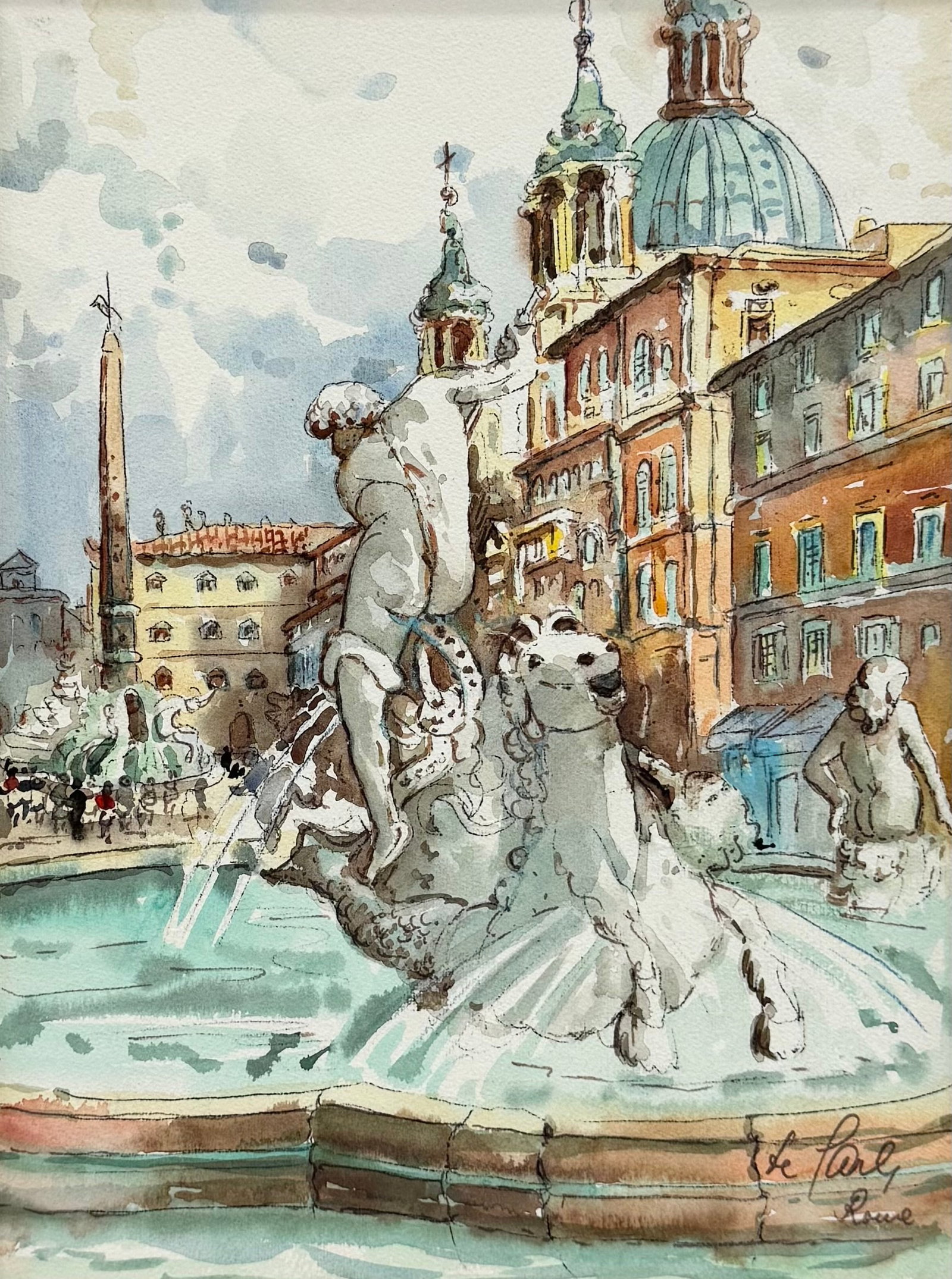 European School Watercolor Of Neptune Fountain Rome, Italy: Mixed media on paper 12.5 x 9.5 in
