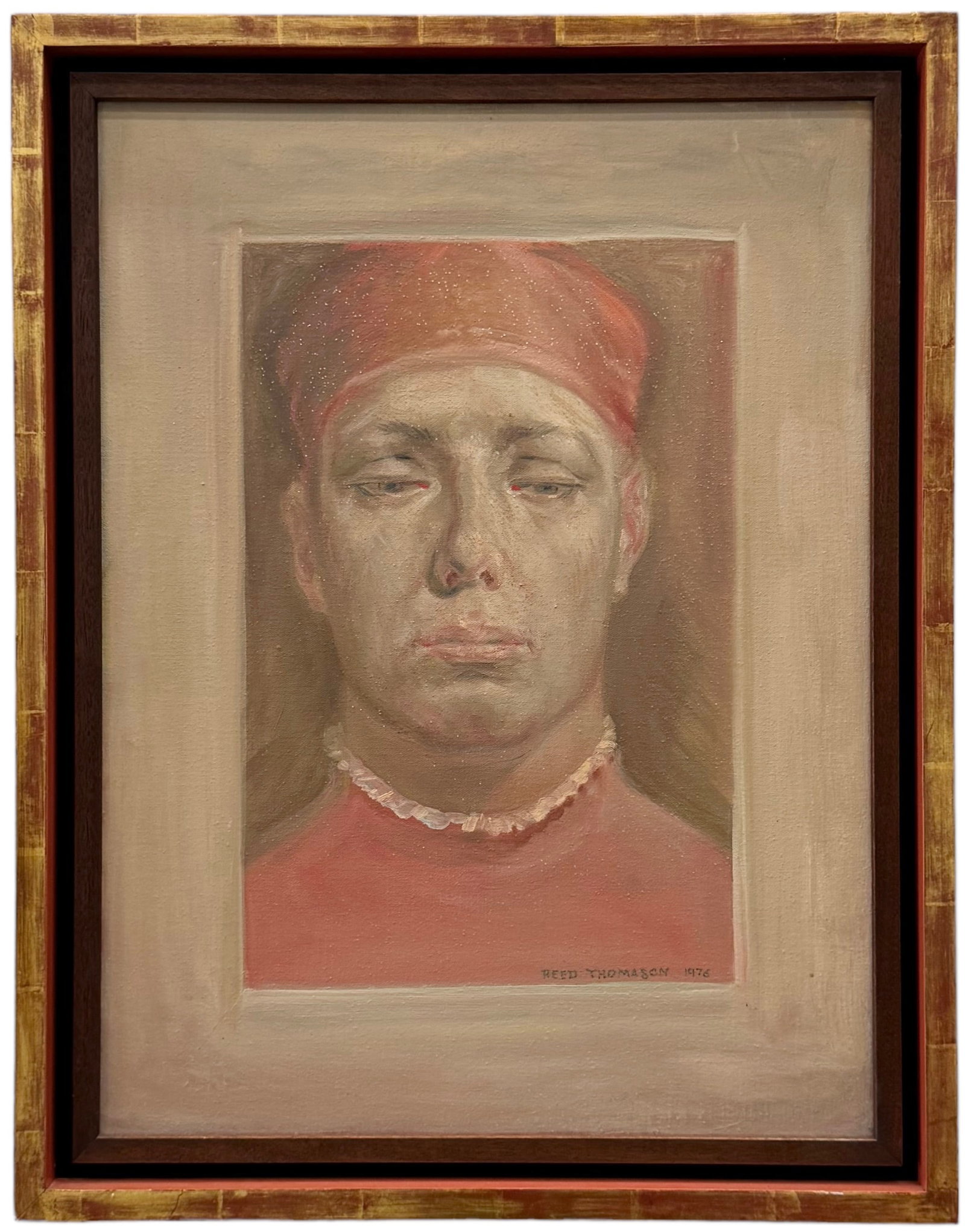 REED THOMASON (1938-2009, American) Portrait: Oil on canvas 27 x 21 in (framed). Reed Thomason was a scholarship student at Syracuse University and earned his Bachelor of Fine Arts degree in 1961. In his senior year he was the winner of the Hiram