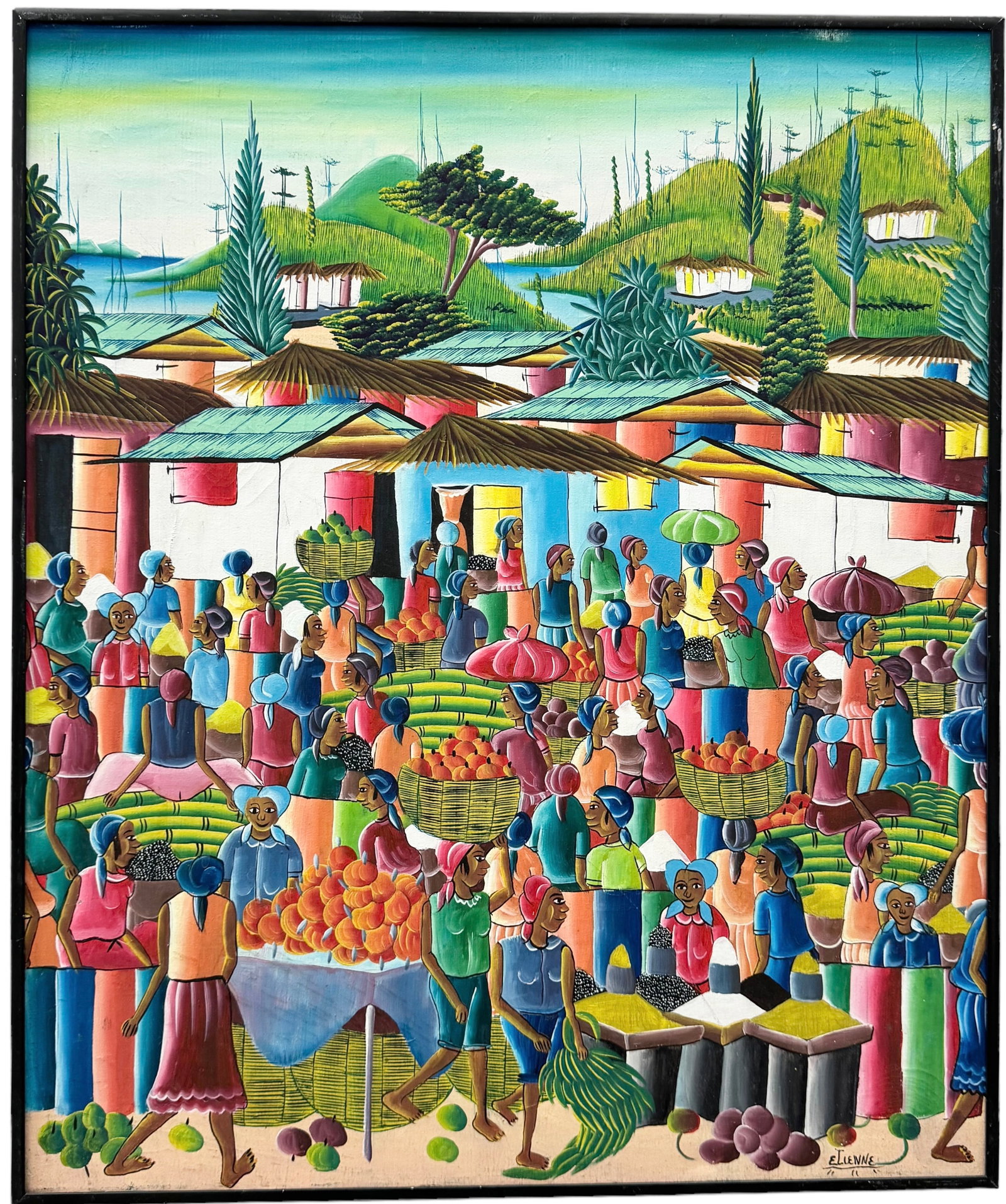 Colorful Vintage Haitian Village Scene Signed Etienne: Oil on canvas 24 x 20 in