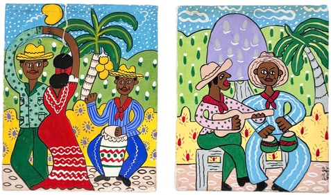 Pair Of Colorful Cuban Folk Art Paintings
