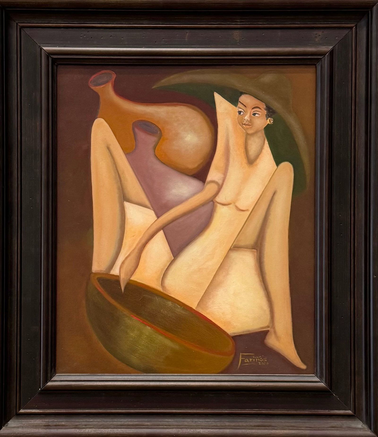 Vintage Latin American Modernist Abstract Of A Woman, Signed Farinas: Oil on canvas 24 x 20 in, 32.5 x 28.5 in (framed)