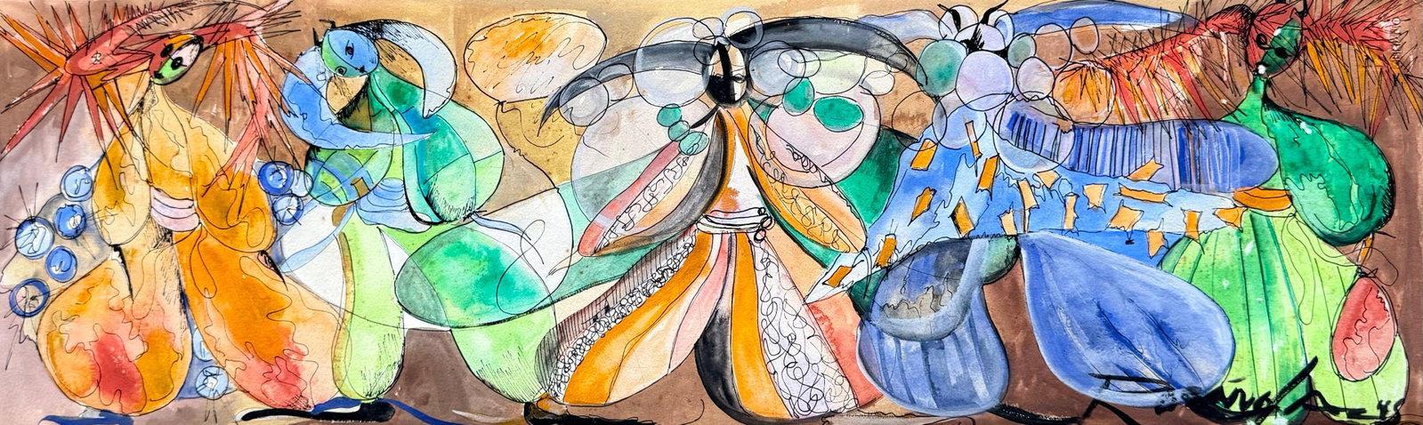CARMEN PENA (20th c, Puerto Rico) Mixed Media Abstract: Mixed media on paper 8.5 x 27.5 in