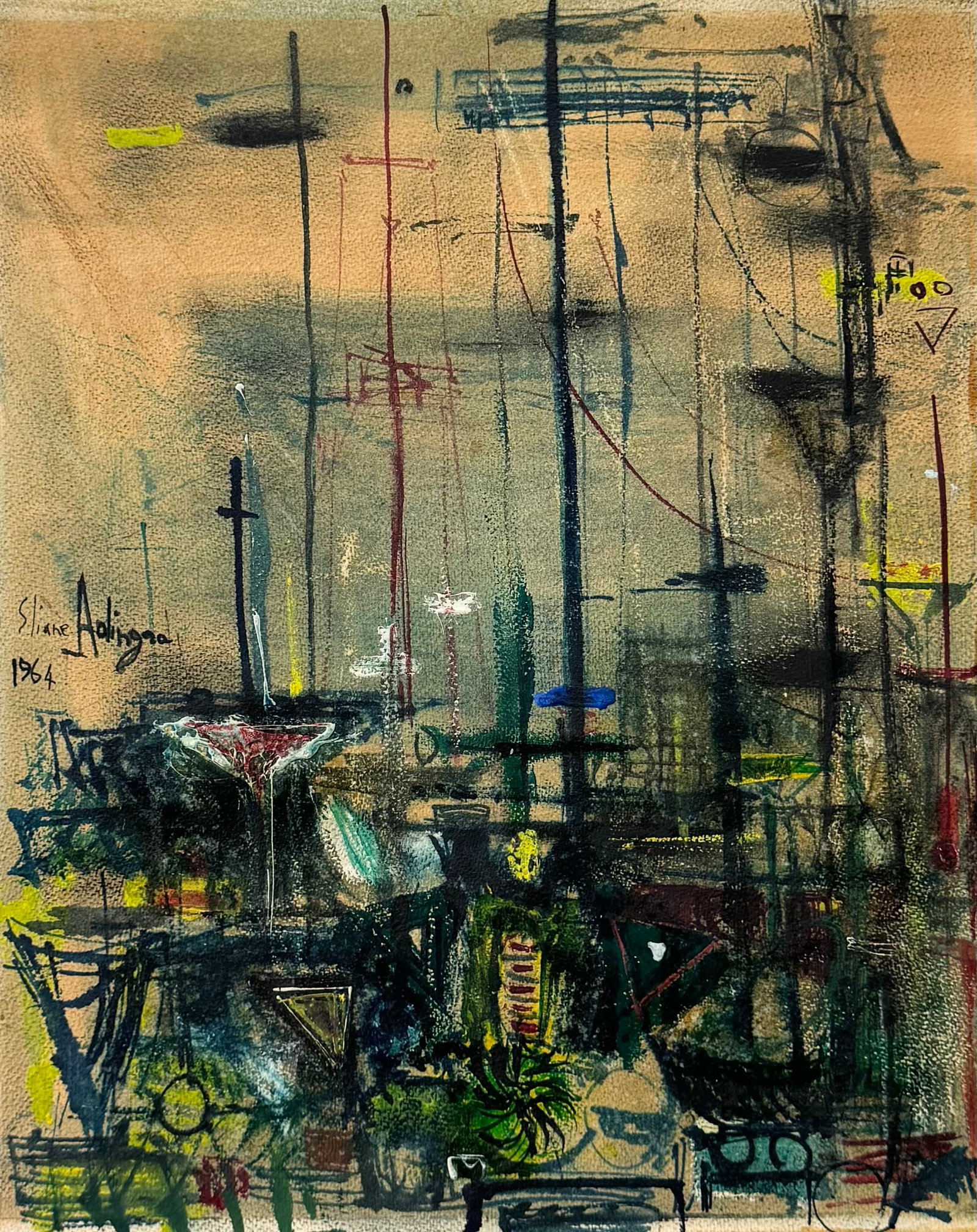 ELAINE ADINGRA (20th c, American) Mid-Century Harbor Scene: Mixed media 21 x 17 in