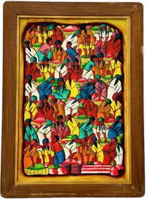 Vintage Haitian Abstract Painting In Quality Wood Frame