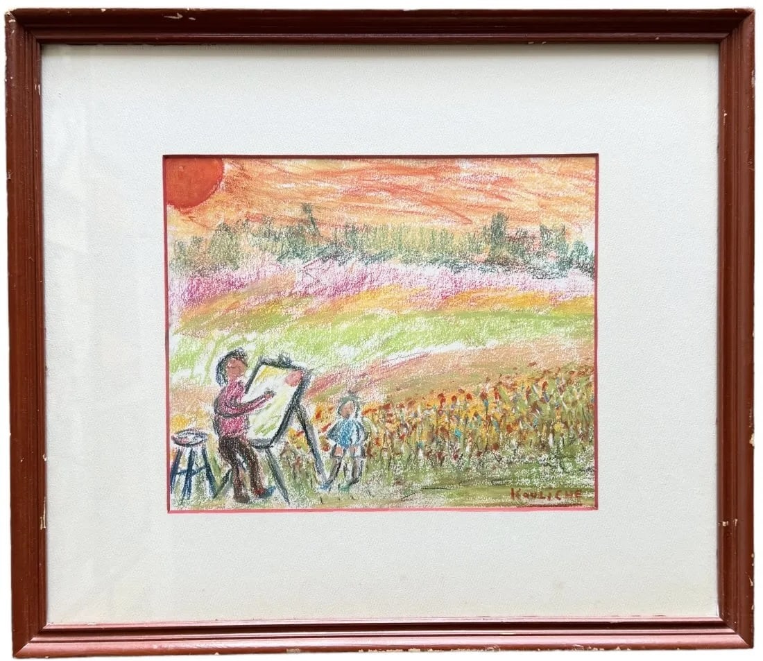 MICHEL KOULICHE (1922-2010, France) Modernist, Artist Painting Plein Air, Exhibited: Mixed media on paper 11 x 9 in, 19 x 16 in (framed)