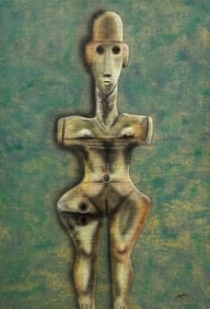 Monumental Brazilian Painting Abstract w/ Ancient Figural Sculpture, Signed (75 x 51 in)