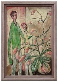 Nicely Framed Modernist Interior Scene Figures w/ Flower, Signed