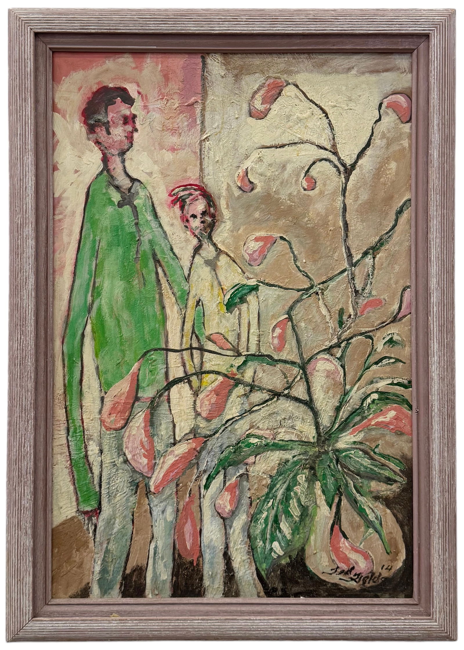 Nicely Framed Modernist Interior Scene Figures w/ Flower, Signed (1 of 3)