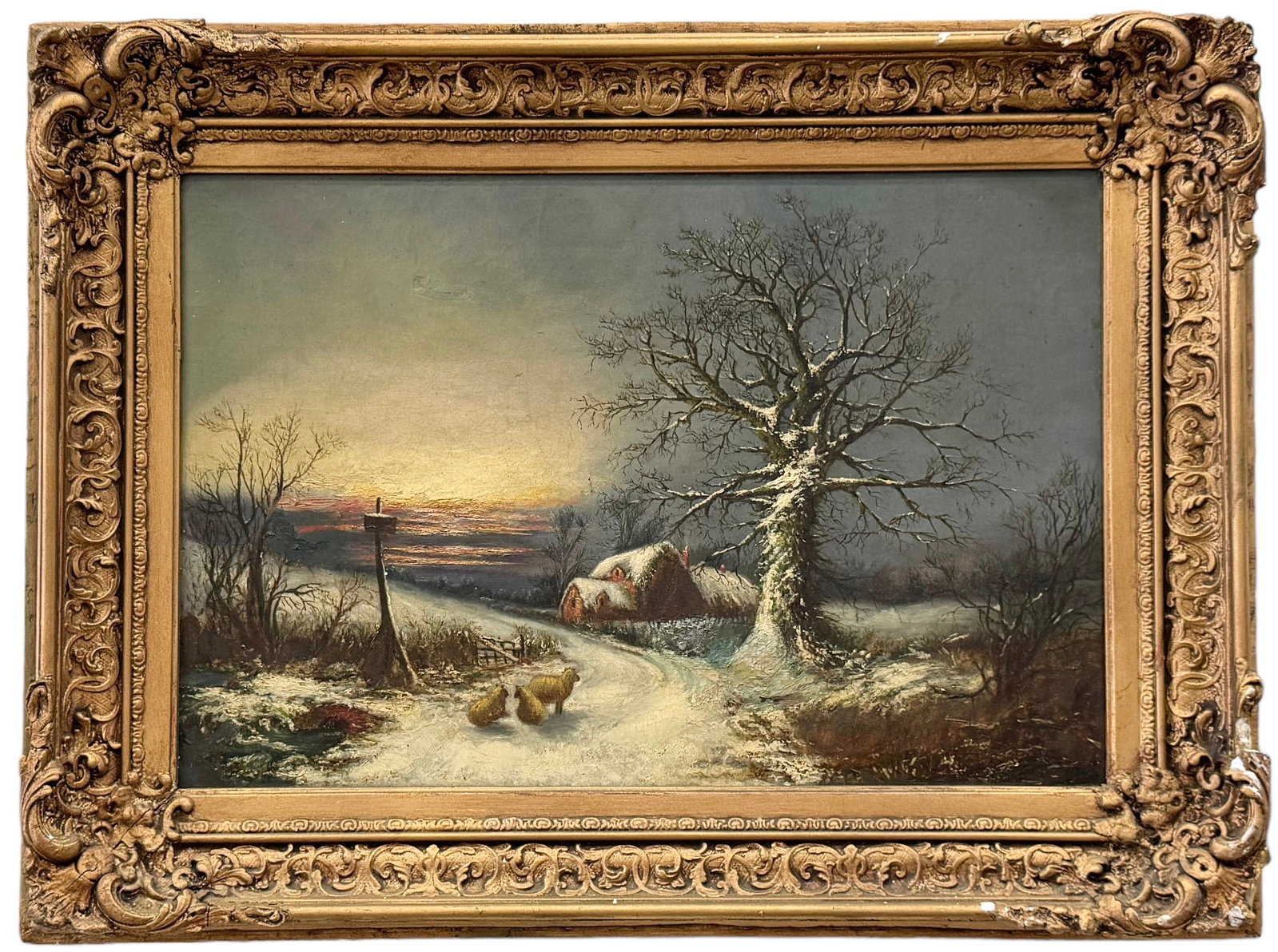 English School Winter Landscape In Beautiful Antique Frame: Oil on board 18 x 12.5 in, 23.5 x 17.5 in (framed)