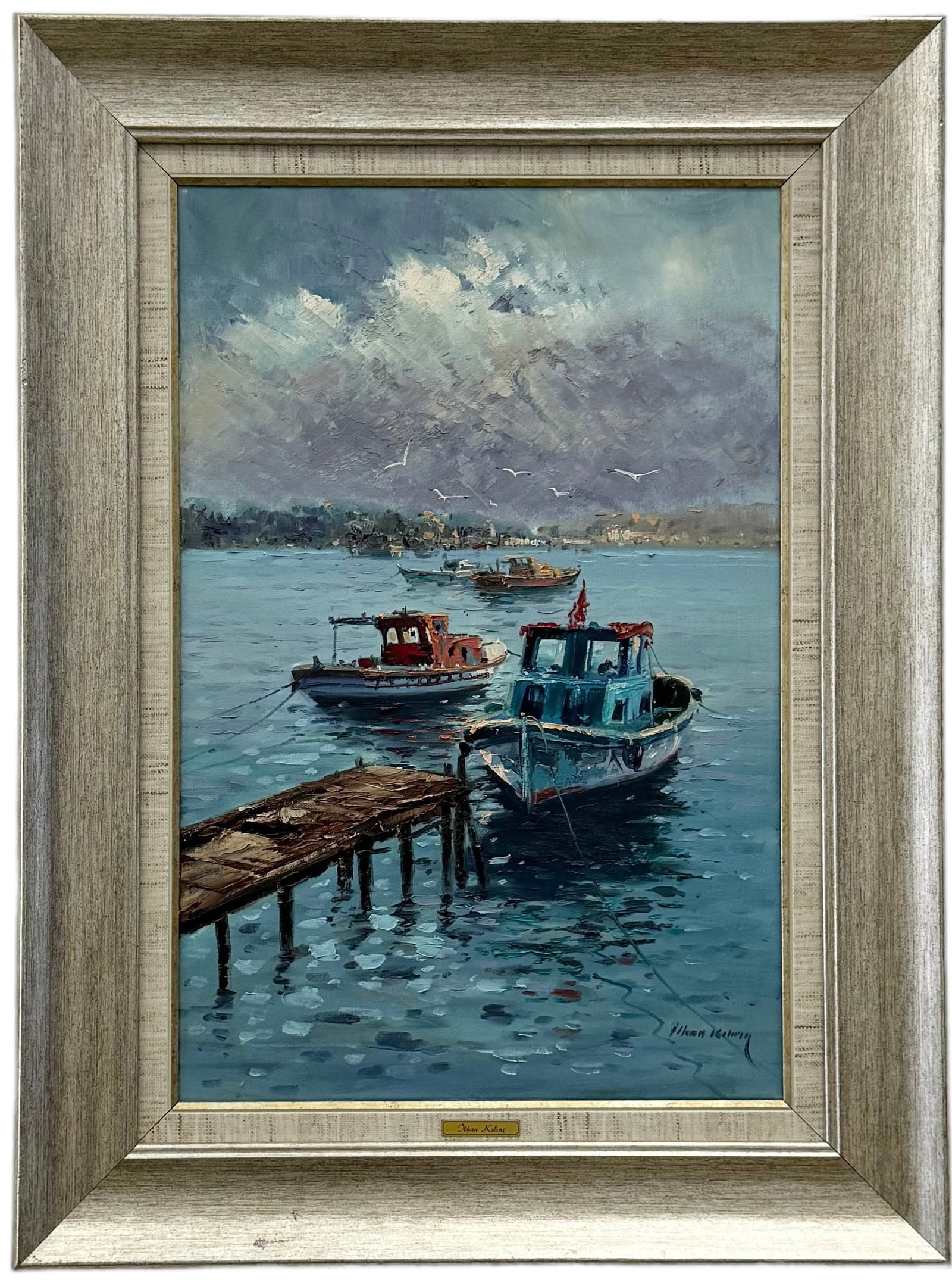 ILHAN KILNIC (20th c, Turkish) Boats In Harbor: Oil on canvas 24 x 16 in, 31.5 x 23.5 in (framed)