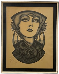 Nicely Framed 1970's Gloria Swanson Woodblock Thai Subject "Papora"