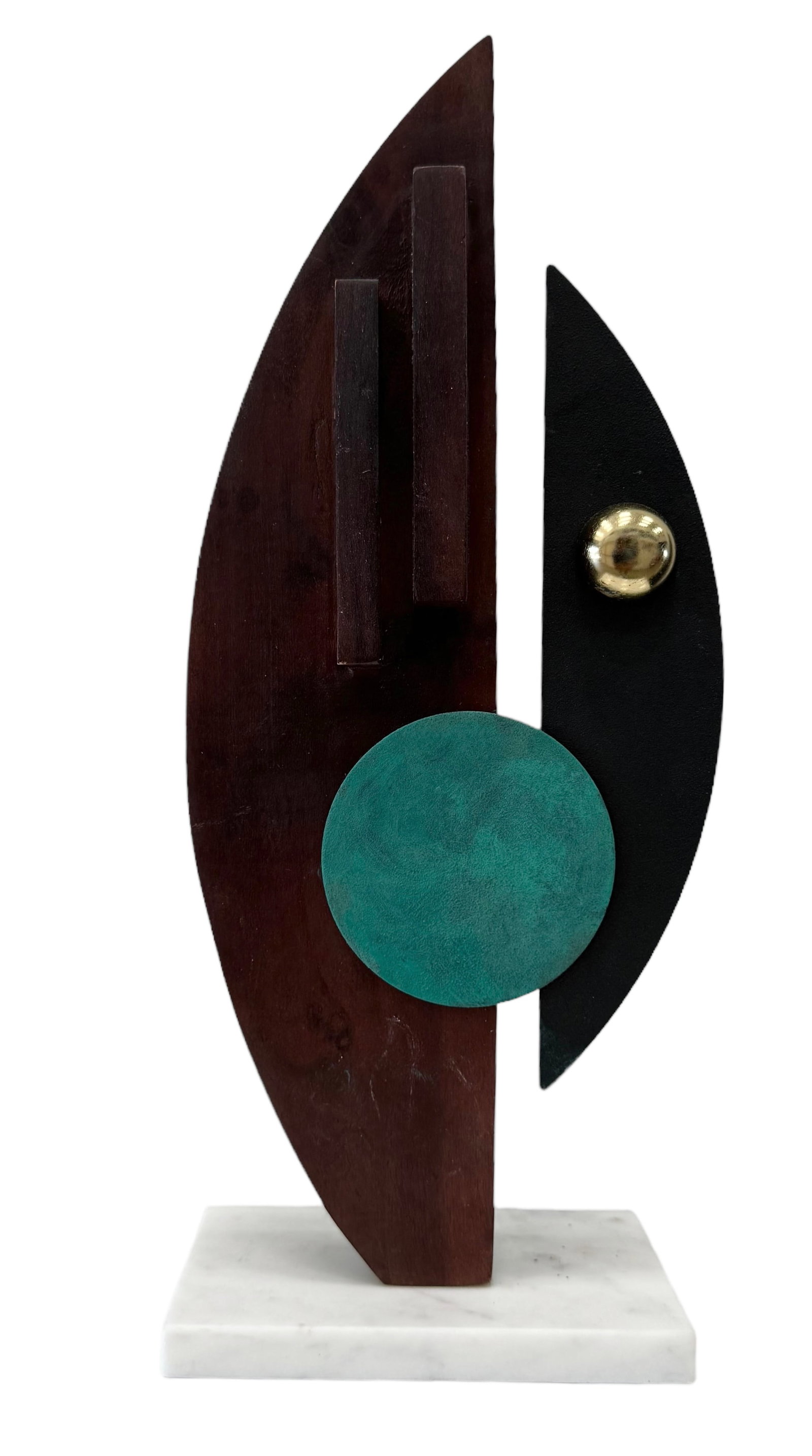 Contemporary Mixed Metal & Wood Geometric Sculpture: 16 x 6 x 4 in