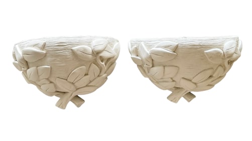 Pair Of Serge Roche Style Plaster Wall Sconces w/ Leaves