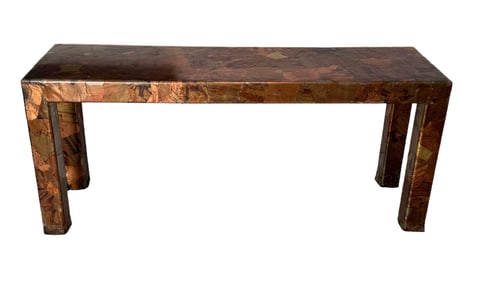 Mixed Metal Patchwork Brutalist Wood & Laminate Console in the Style of Paul Evans