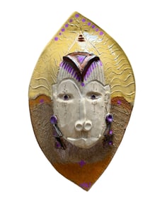 Mexican Modern Decorated Jeweled Glazed Mask Wall Sculpture, Signed
