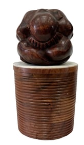 Lidded Wood Covered Jar With Male Nude Figure Top