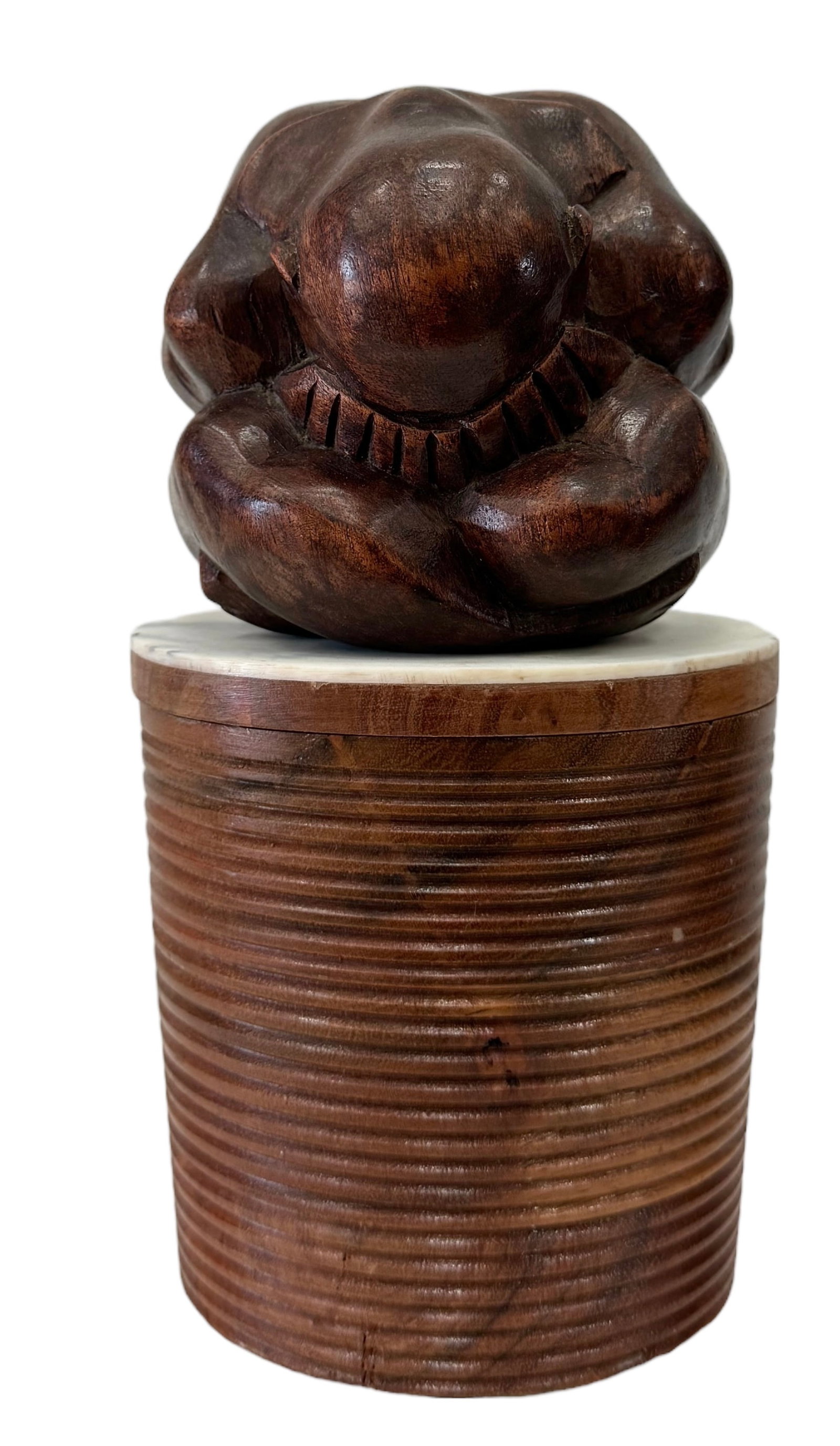 Lidded Wood Covered Jar With Male Nude Figure Top: 8.5 x 4.5 in