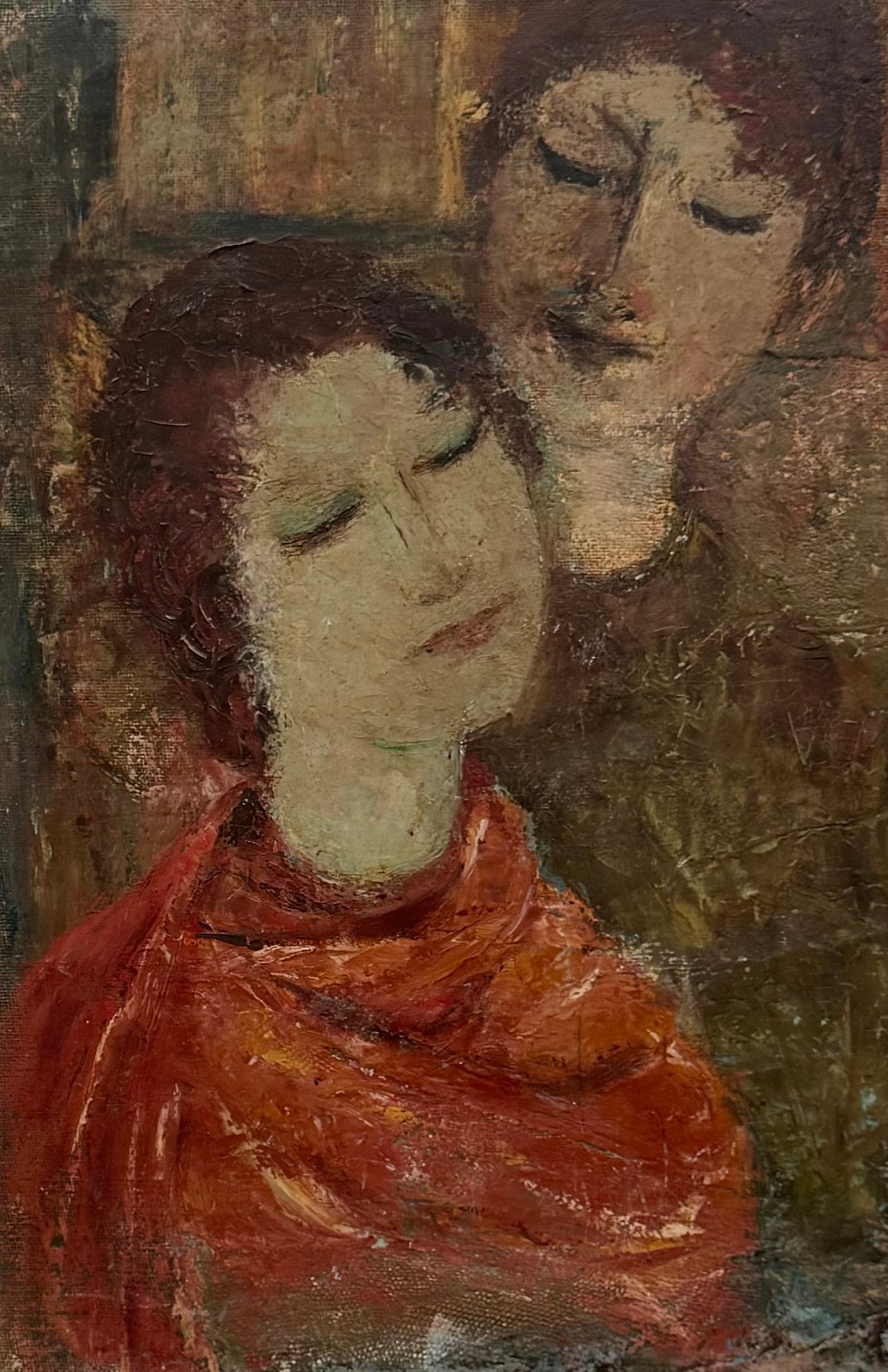 Mid-Century Modern Spanish School Abstract With Figures Signed Verso: Oil on board 24 x 18 in