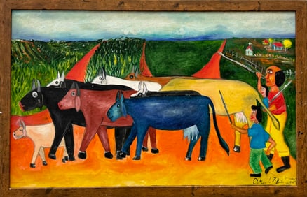 Naive Brazilian Folk Art Painting Farmers Herding Cows, Signed