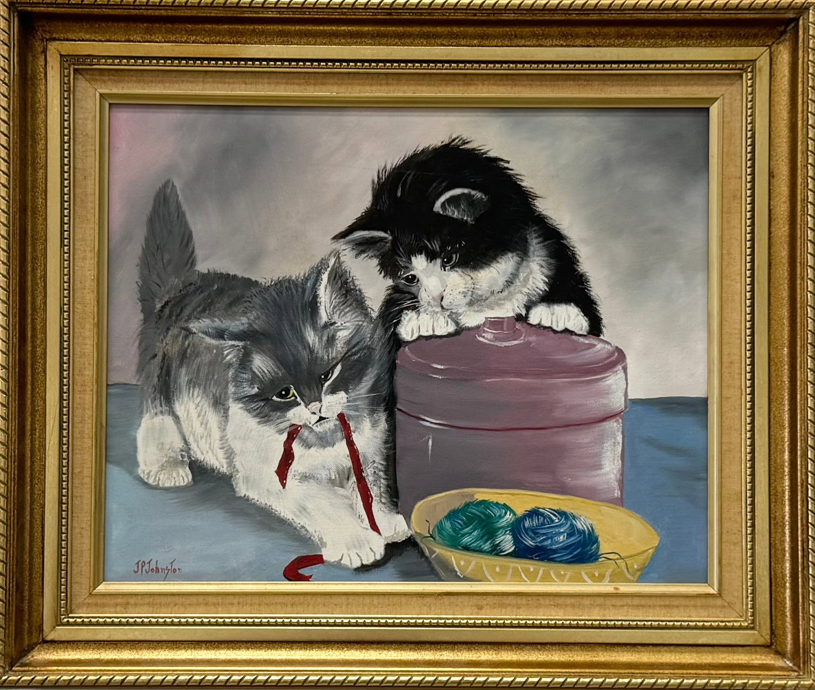 American School Painting Of Playful Kittens, Signed: Oil on canvas 20 x 16 in, 26 x 22 in (framed)