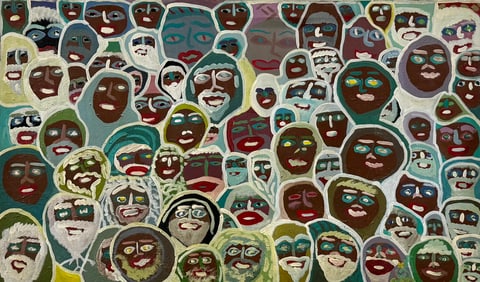 1980's Southern Black Folk Art Abstract w/ Faces Titled "Africa Now"