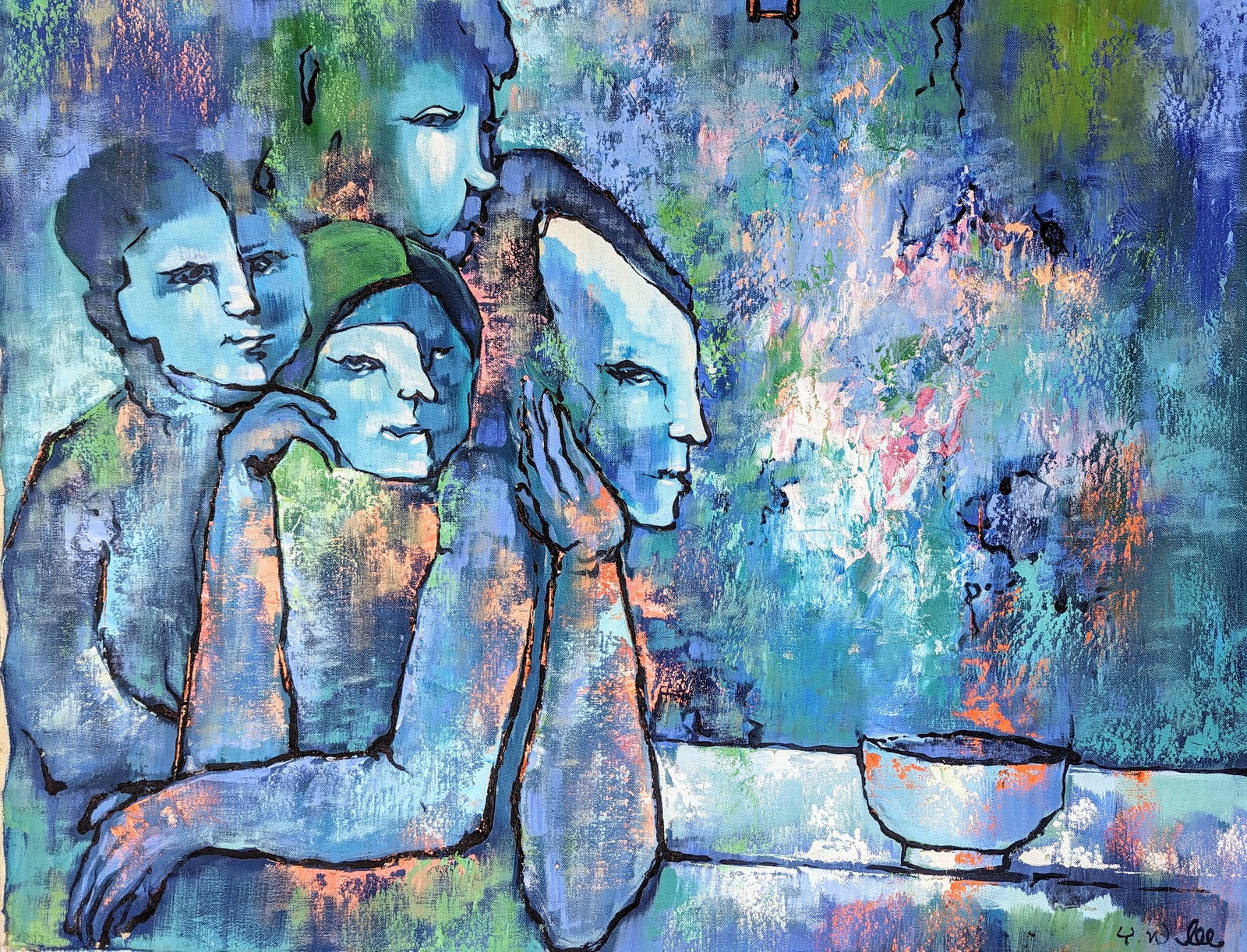 YW LEE (20th c, Korean) Morphism Abstract: Mixed media acrylic on canvas 36 x 28 in