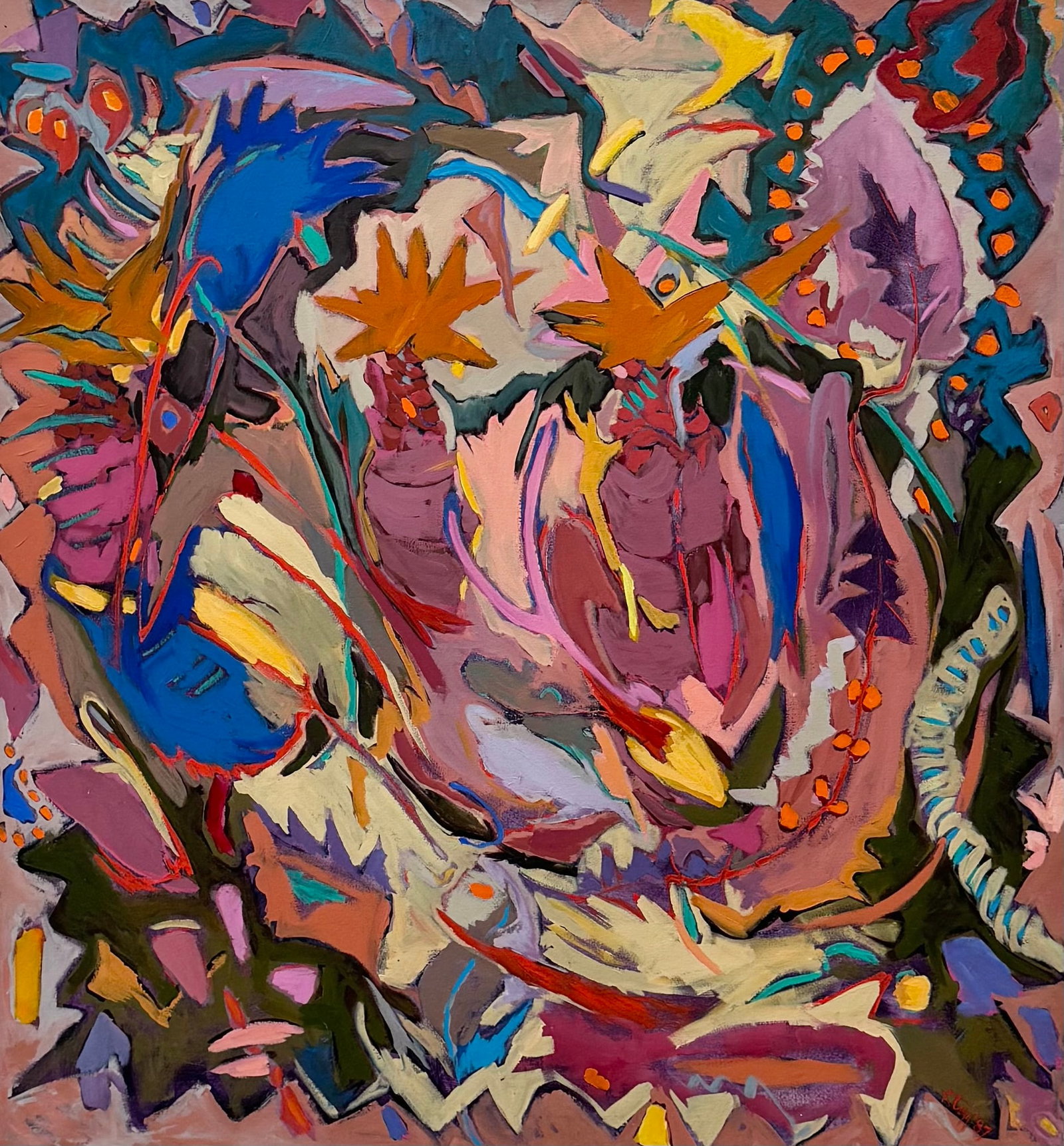 Monumental Abstract "Pineapple Palm" Painting Signed Triggs, Boca Raton Artist 59.5 x 54.5": Acrylic on canvas 59.5 x 54.5 in