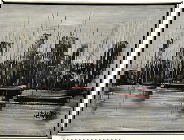 Mid-Century Modern American School Cityscape Abstract Painting