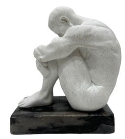 Male Nude Figure In Thought Resin Sculpture On Marble Base