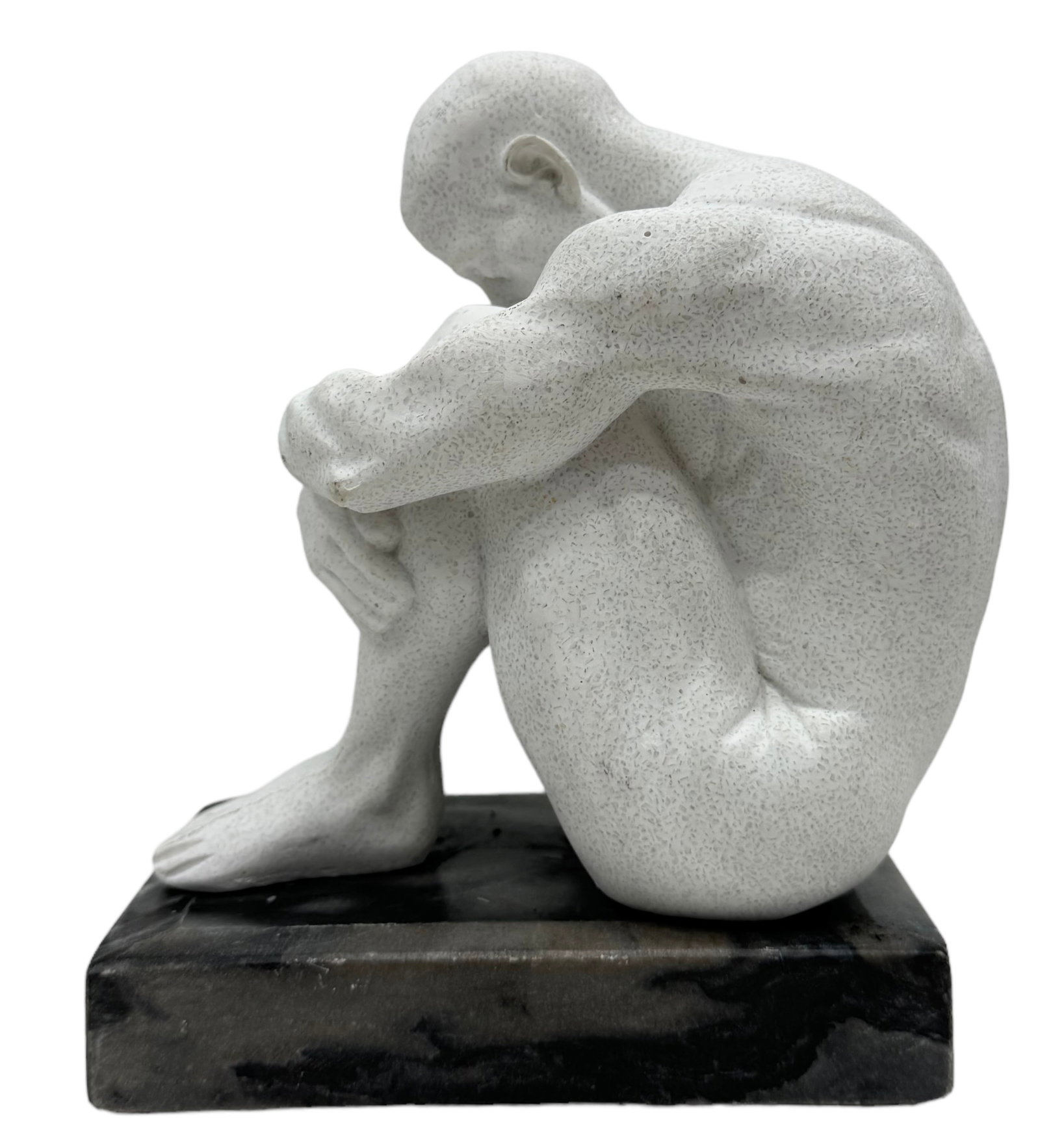 Male Nude Figure In Thought Resin Sculpture On Marble Base: 7 x 5.5 x 3.5 in